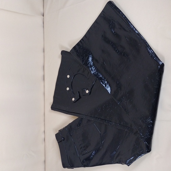 Nerazzurri Shiny Black Faux Leather Y2K Inspired Goth Biker Emo Flared Pants - Picture 14 of 14